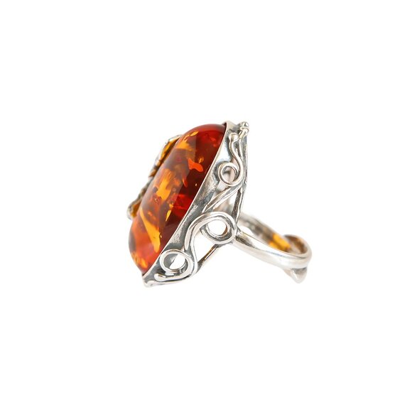 Baltic Cognac Amber Grape Leaf Statement Ring in 925 Sterling Silver - Picture 5 of 7